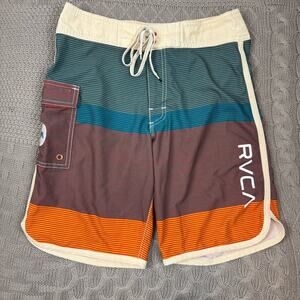 RVCA Blue and Orange Board Shorts with Retro Design ~ 30